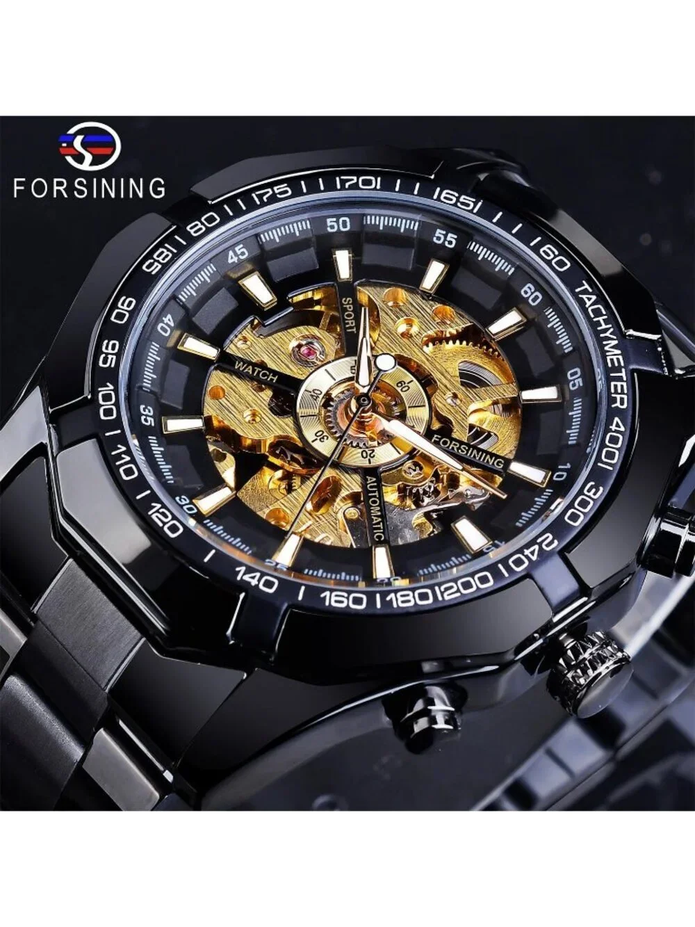 Men's Black Gold Self-Wind Skeleton Hollow Out Mechanical Automatic Luxury Watch